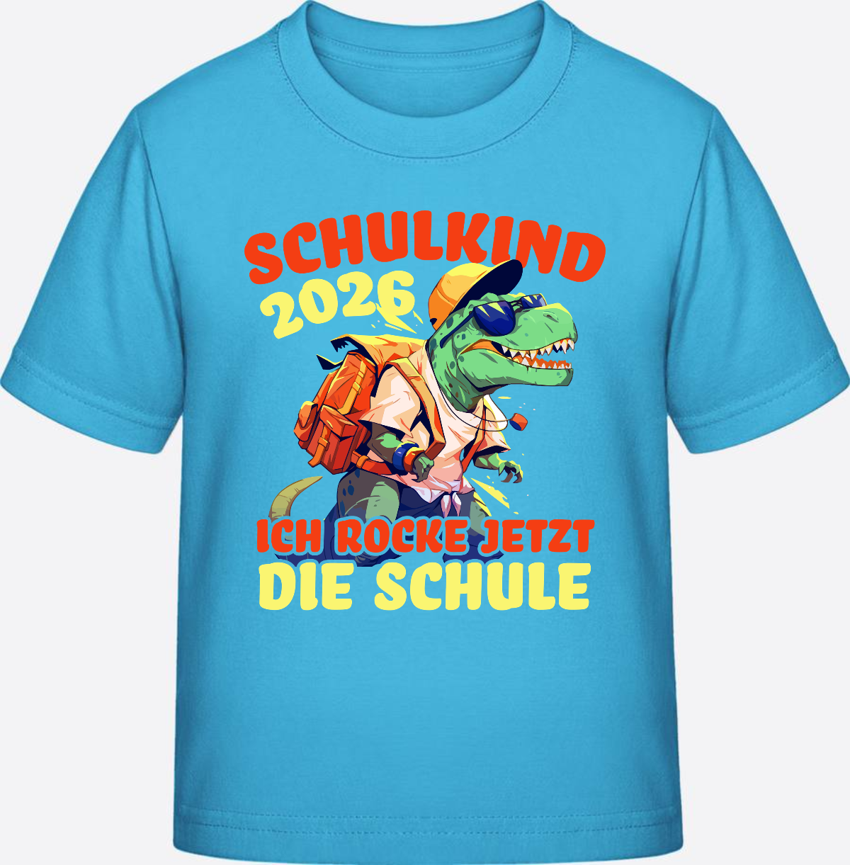 Schulkind 2026 T-Shirt: Ich rocke die Schule T-Rex Dino - Aqua Blue