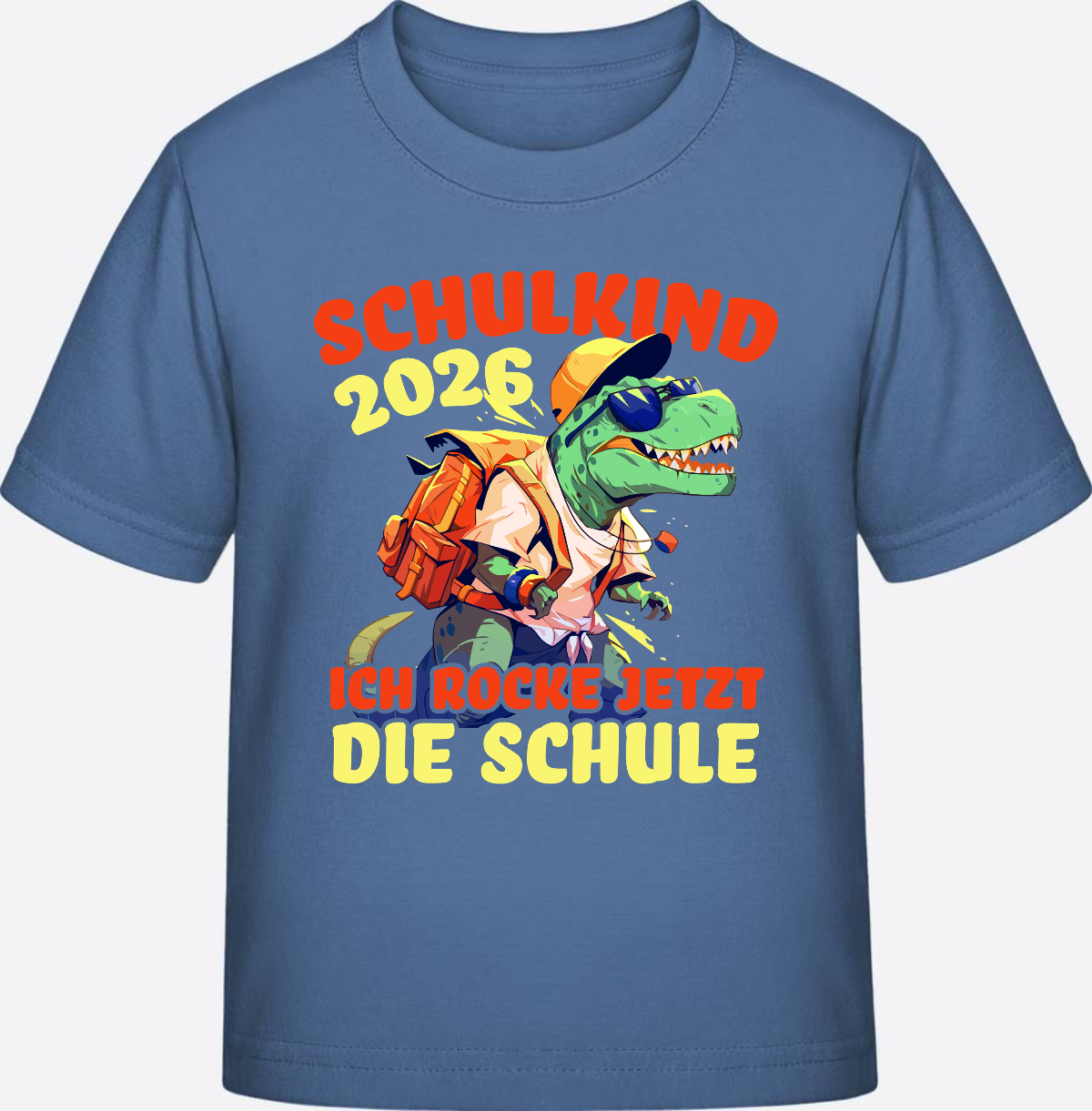 Schulkind 2026 T-Shirt: Ich rocke die Schule T-Rex Dino - Bright Blue