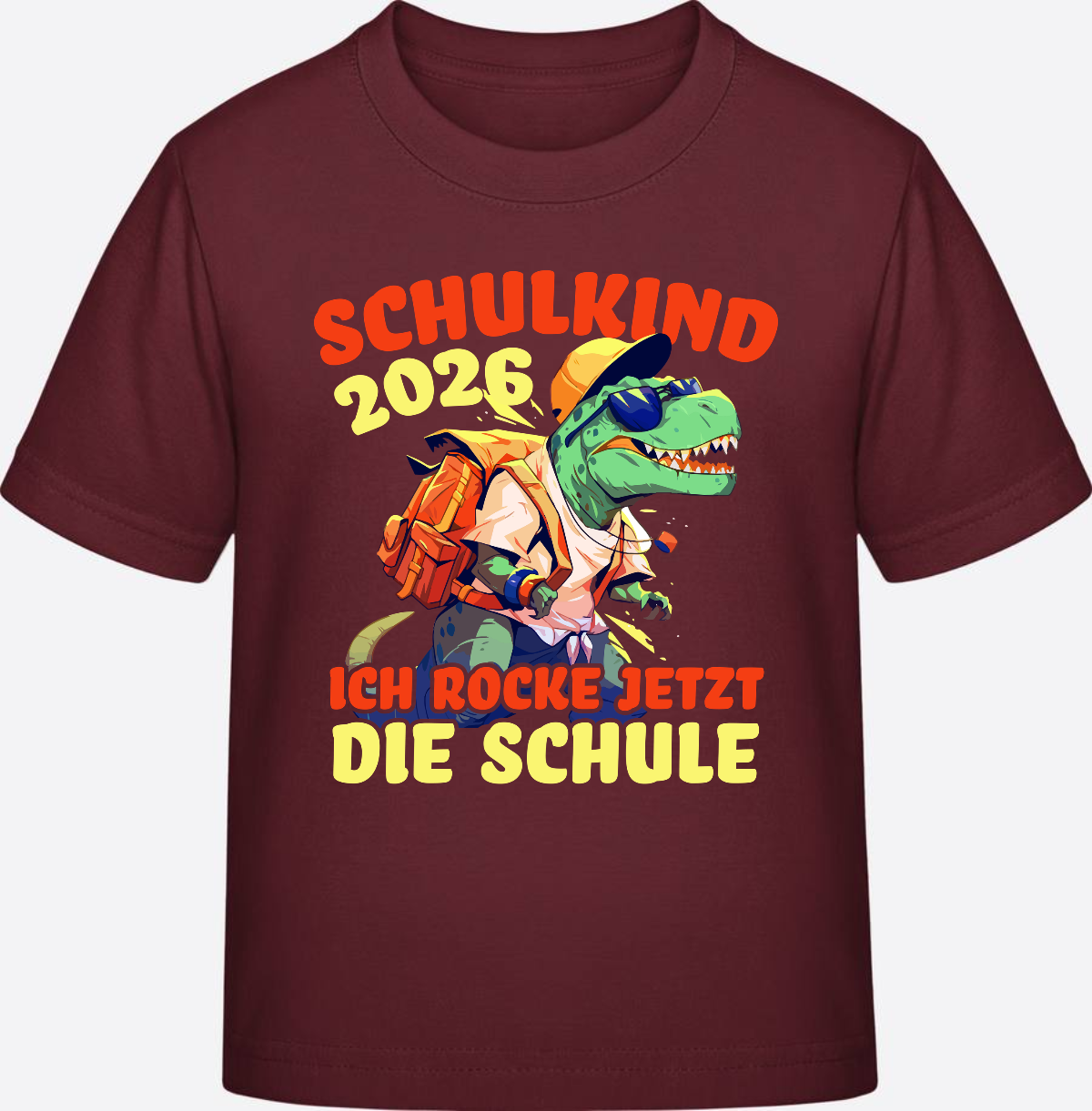 Schulkind 2026 T-Shirt: Ich rocke die Schule T-Rex Dino - Burgundy