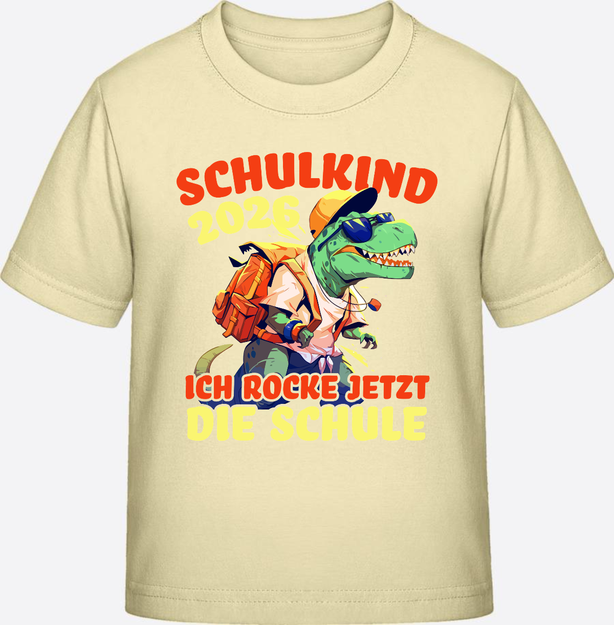 Schulkind 2026 T-Shirt: Ich rocke die Schule T-Rex Dino - Butter