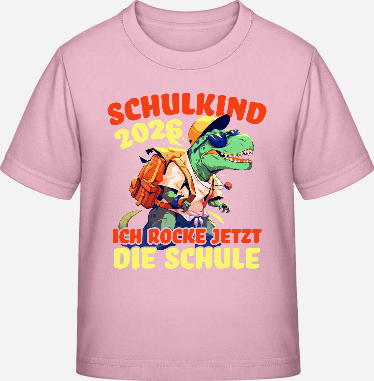 Schulkind 2026 T-Shirt: Ich rocke die Schule T-Rex Dino - Cotton Pink
