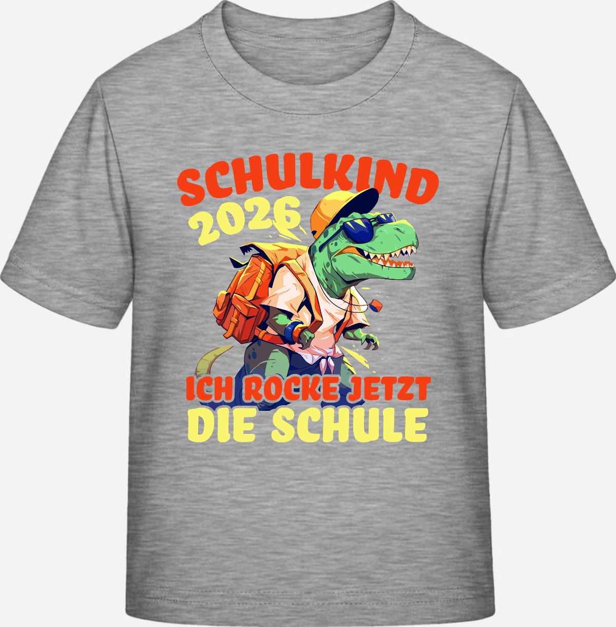 Schulkind 2026 T-Shirt: Ich rocke die Schule T-Rex Dino - Heather Grey