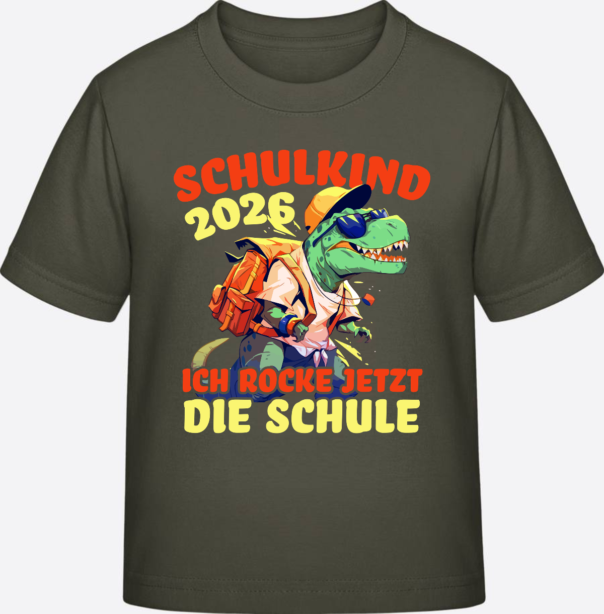 Schulkind 2026 T-Shirt: Ich rocke die Schule T-Rex Dino - Khaki