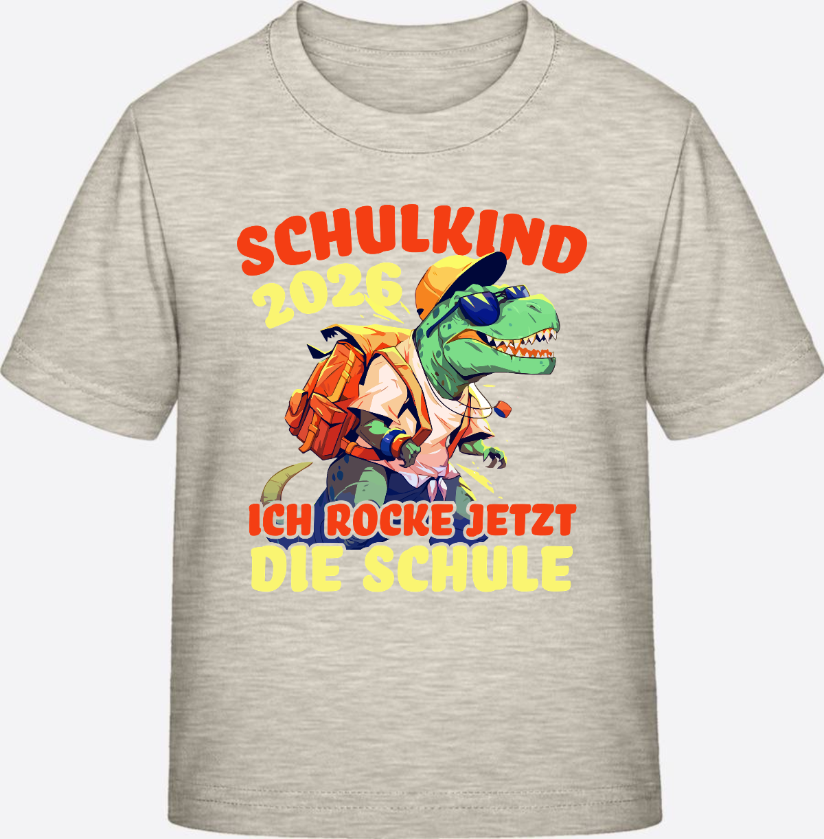 Schulkind 2026 T-Shirt: Ich rocke die Schule T-Rex Dino - Natural Raw