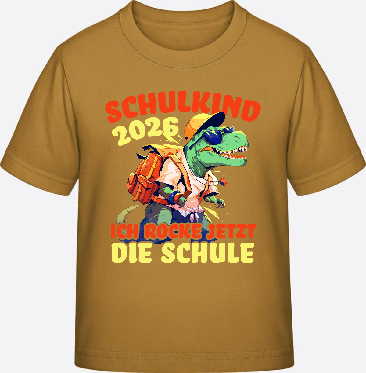 Schulkind 2026 T-Shirt: Ich rocke die Schule T-Rex Dino - Ochre