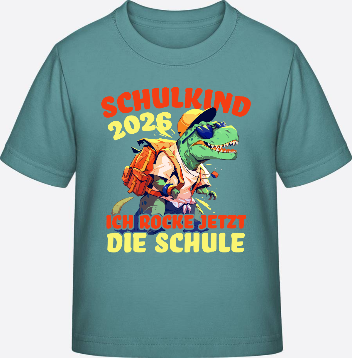Schulkind 2026 T-Shirt: Ich rocke die Schule T-Rex Dino - Teal Monstera