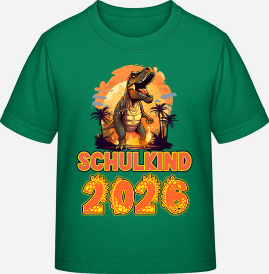 Schulkind 2026 T-Shirt mit Dino – Personalisiert mit Namen - Kelly Green