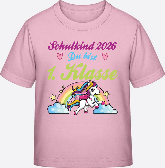 Schulkind 2026 T-Shirt Pferd & Regenbogen – Du bist 1. Klasse - Cotton Pink