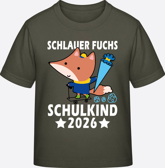 Schulkind 2026 T-Shirt: Schlauer Fuchs mit Wunschnamen - Khaki