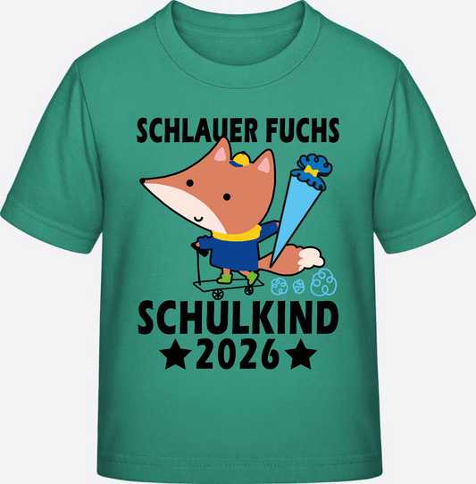 Schulkind 2026 T-Shirt - Schlauer Fuchs schwarz mit Name - Go Green