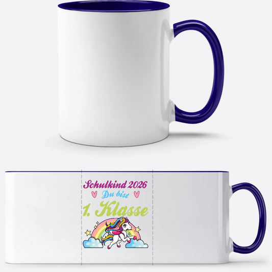 Schulkind 2026 Tasse mit Name – Pferd & Regenbogen - Weiß/Dunkelblau