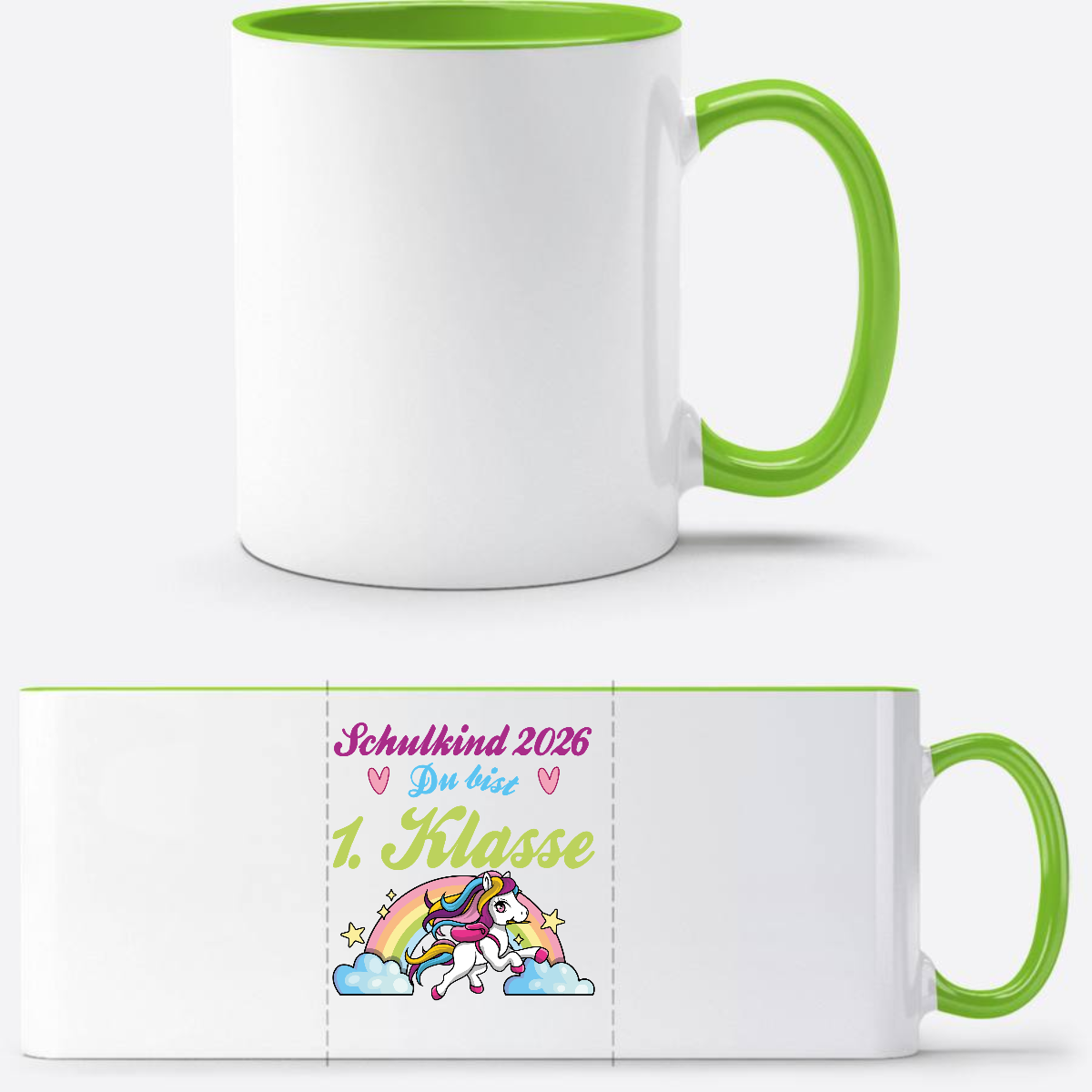 Schulkind 2026 Tasse mit Name – Pferd & Regenbogen - Weiß/Grün