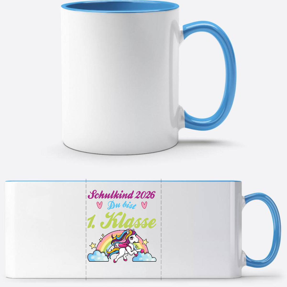 Schulkind 2026 Tasse mit Name – Pferd & Regenbogen - Weiß/Hellblau