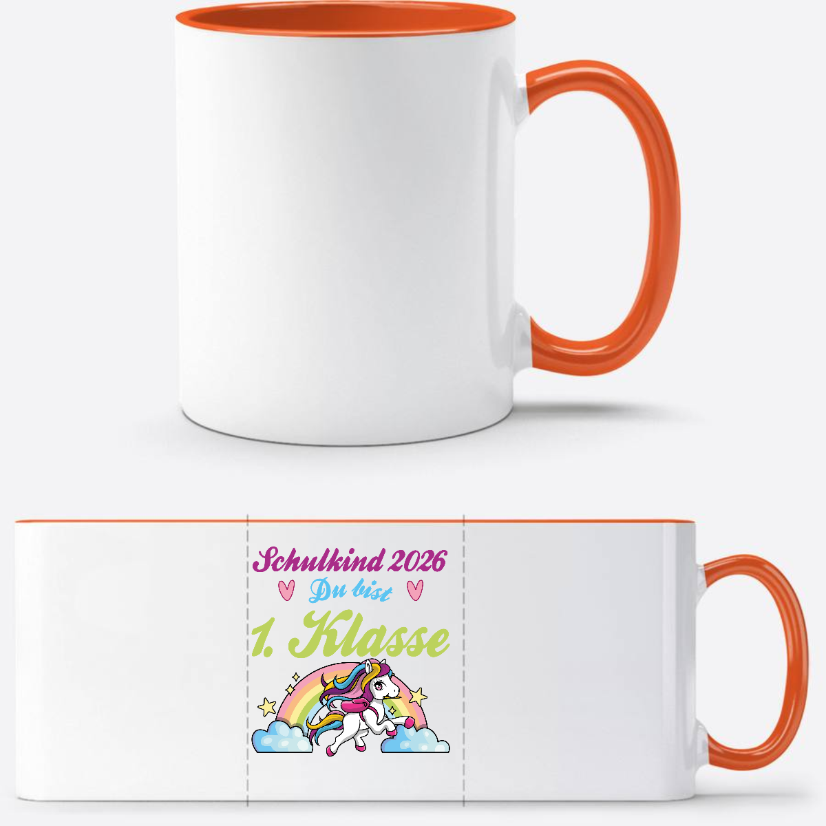 Schulkind 2026 Tasse mit Name – Pferd & Regenbogen - Weiß/Orange