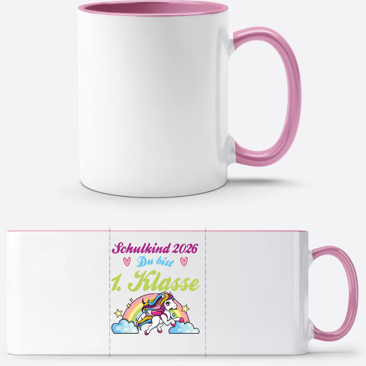 Schulkind 2026 Tasse mit Name – Pferd & Regenbogen - Weiss/Rosa