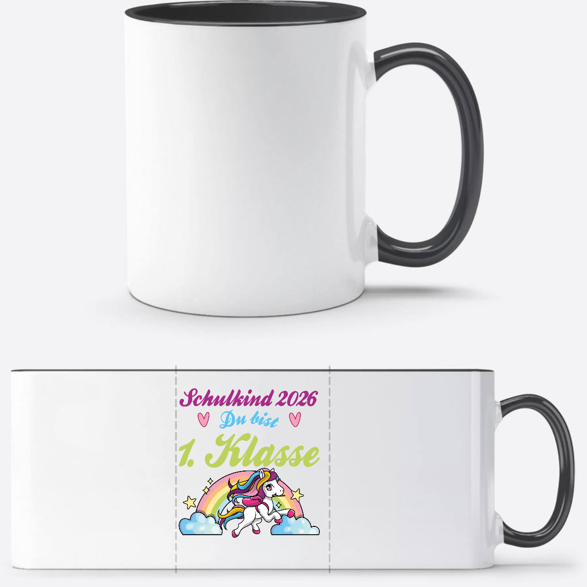 Schulkind 2026 Tasse mit Name – Pferd & Regenbogen - Weiß/Schwarz