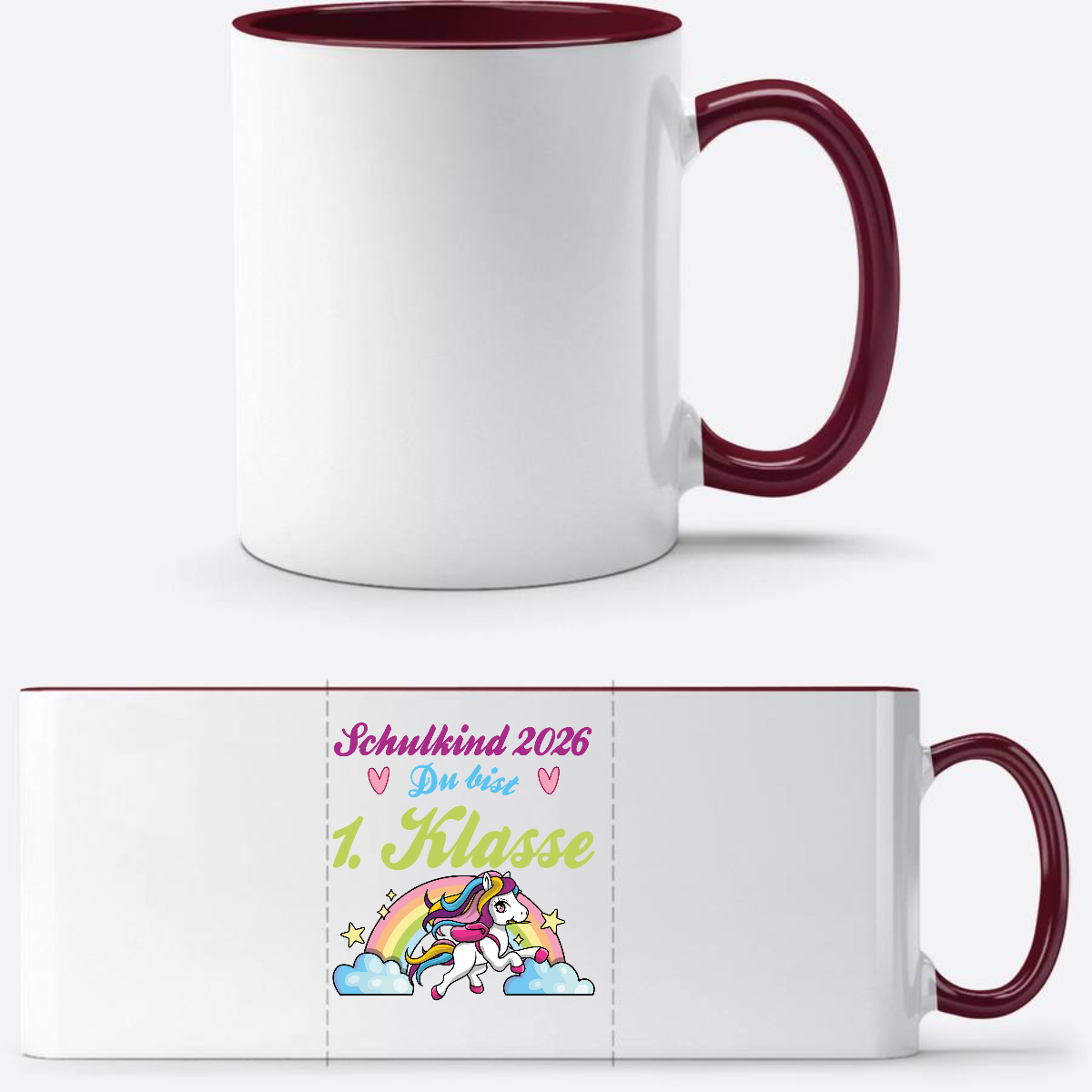 Schulkind 2026 Tasse mit Name – Pferd & Regenbogen - White/Bordeaux