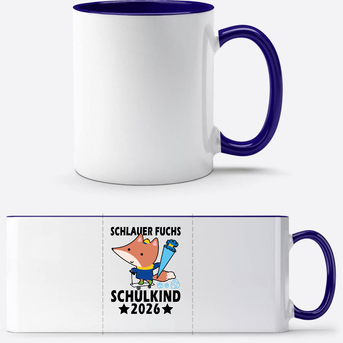 Schulkind 2026 Tasse mit Name – Schlauer Fuchs schwarz - Weiß/Dunkelblau