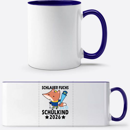 Schulkind 2026 Tasse mit Name – Schlauer Fuchs schwarz - Weiß/Dunkelblau