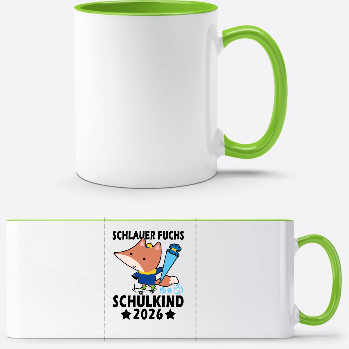 Schulkind 2026 Tasse mit Name – Schlauer Fuchs schwarz - Weiß/Grün