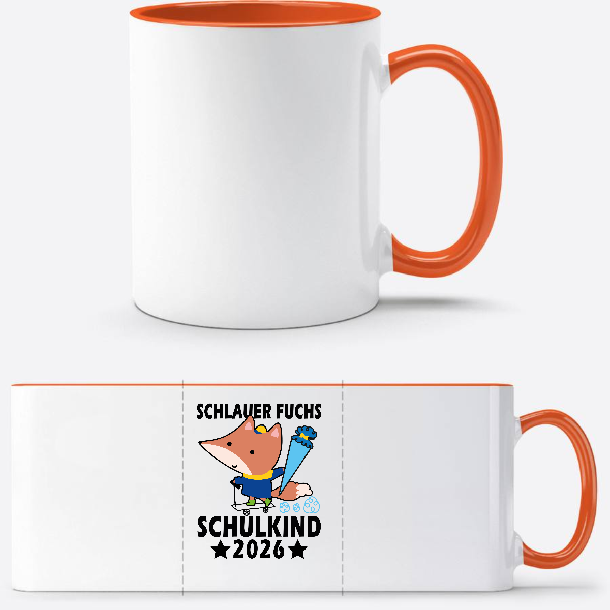 Schulkind 2026 Tasse mit Name – Schlauer Fuchs schwarz - Weiß/Orange