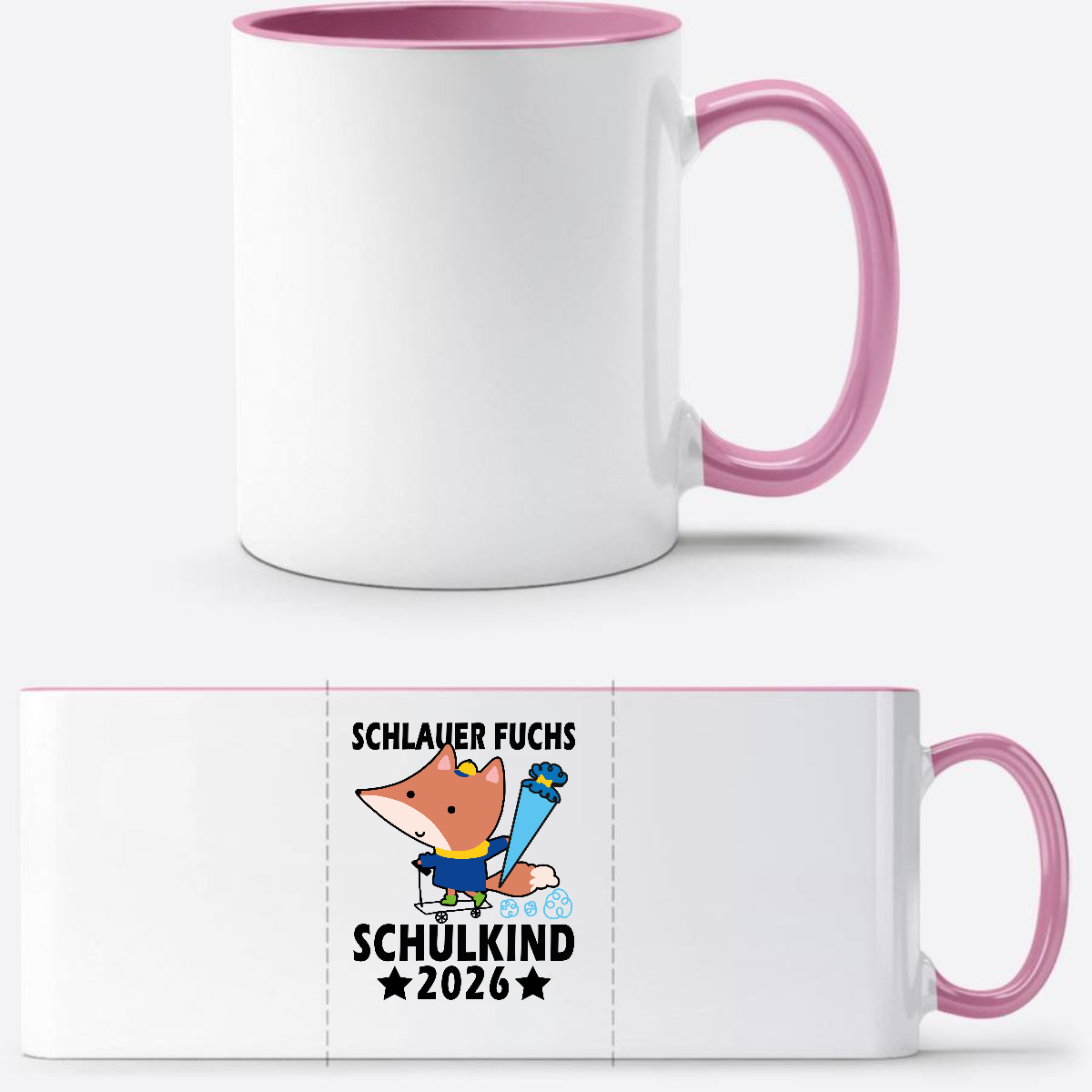 Schulkind 2026 Tasse mit Name – Schlauer Fuchs schwarz - Weiss/Rosa