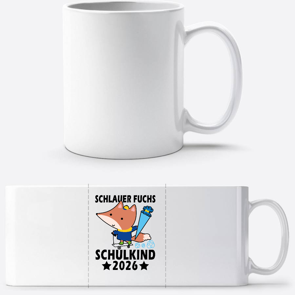 Schulkind 2026 Tasse mit Name – Schlauer Fuchs schwarz - Weiß