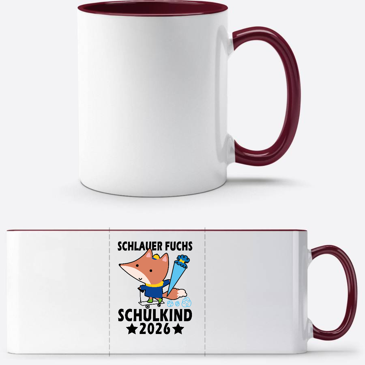 Schulkind 2026 Tasse mit Name – Schlauer Fuchs schwarz - White/Bordeaux