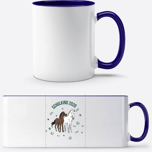 Schulkind 2026 Tasse mit Pferd – Personalisiert mit Name - Weiß/Dunkelblau