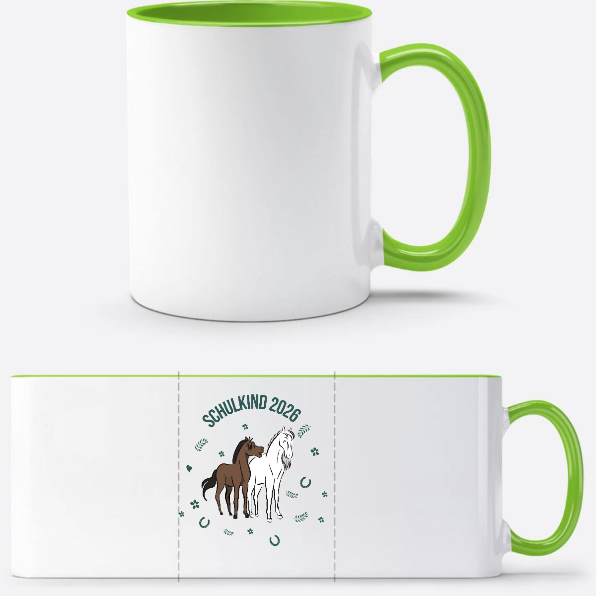 Schulkind 2026 Tasse mit Pferd – Personalisiert mit Name - Weiß/Grün