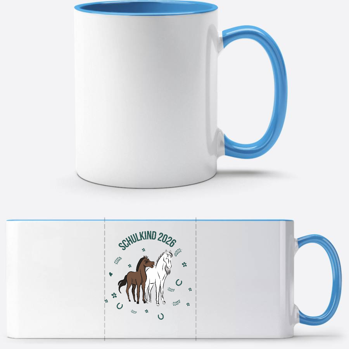 Schulkind 2026 Tasse mit Pferd – Personalisiert mit Name - Weiß/Hellblau