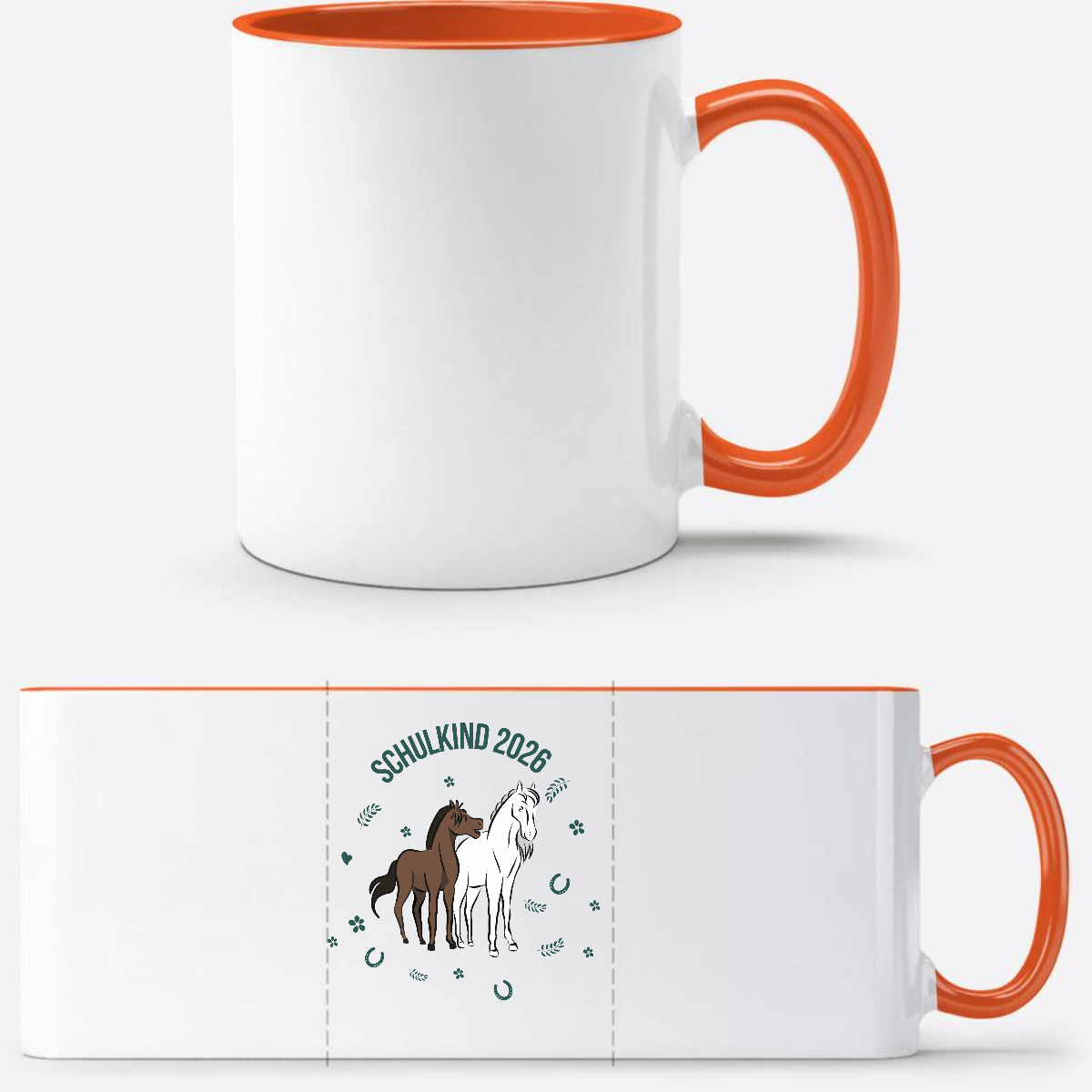 Schulkind 2026 Tasse mit Pferd – Personalisiert mit Name - Weiß/Orange