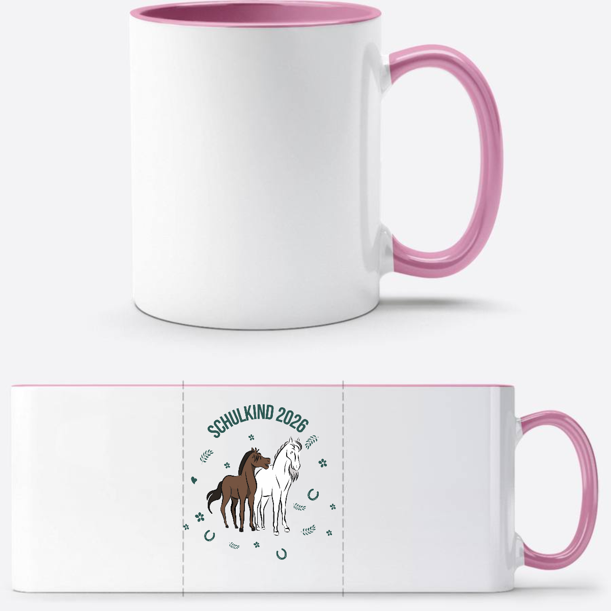 Schulkind 2026 Tasse mit Pferd – Personalisiert mit Name - Weiss/Rosa
