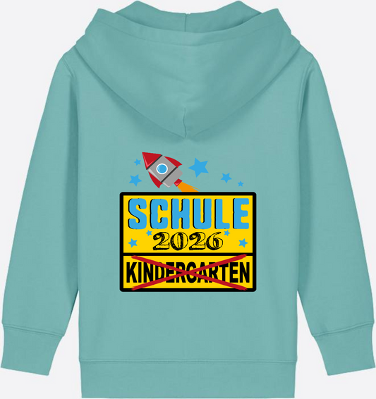 Schulkind 2026 Zip-Hoodie: Ortsschild & Rakete mit Name - Teal Monstera