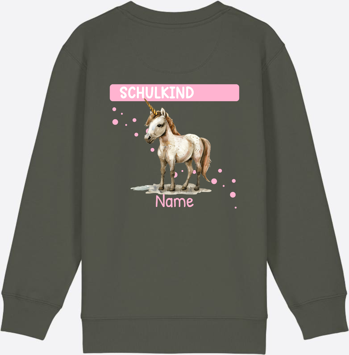 Schulkind Einhorn Sweatshirt – Personalisiert mit Name - Khaki