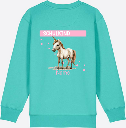 Schulkind Einhorn Sweatshirt – Personalisiert mit Name - Pool Blue