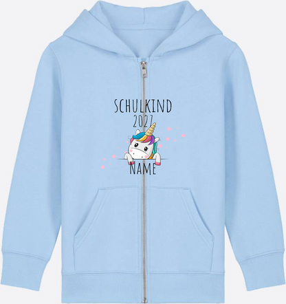 Schulkind Einhorn Zip-Hoodie – Personalisiert mit Name - Blue Soul Herzseite