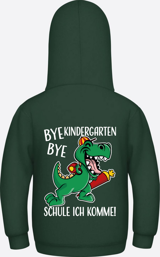 Schulkind Hoodie Bye Bye Kindergarten Dinosaurier mit Name - Bottle Green