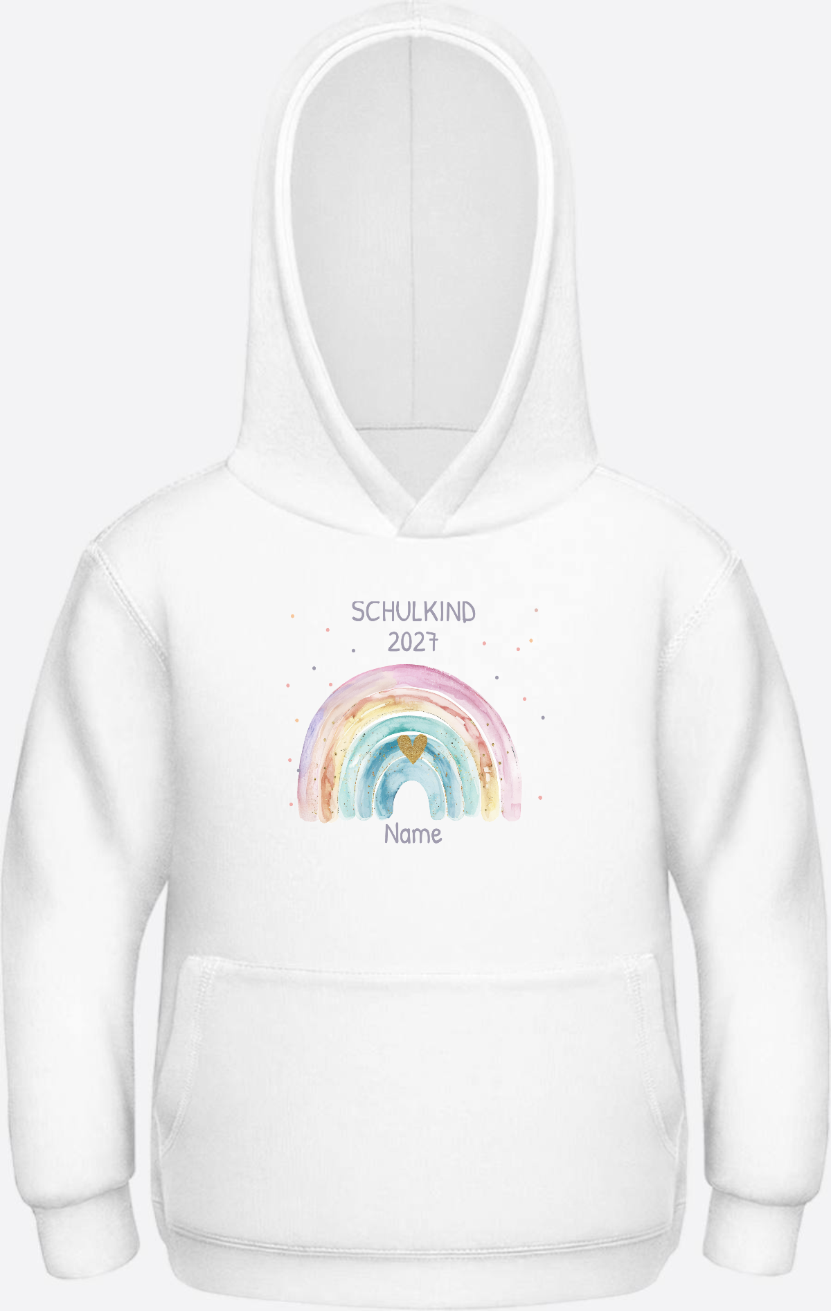 Schulkind Hoodie mit Name & Regenbogen zur Einschulung - Arctic White Herzseite