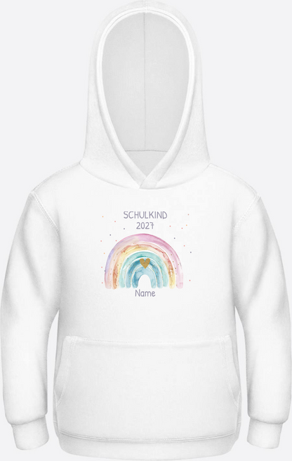 Schulkind Hoodie mit Name & Regenbogen zur Einschulung - Arctic White Herzseite