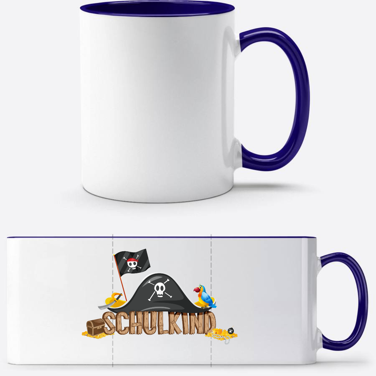 Schulkind Piraten Tasse mit Name – Geschenk zur Einschulung - Weiß/Dunkelblau