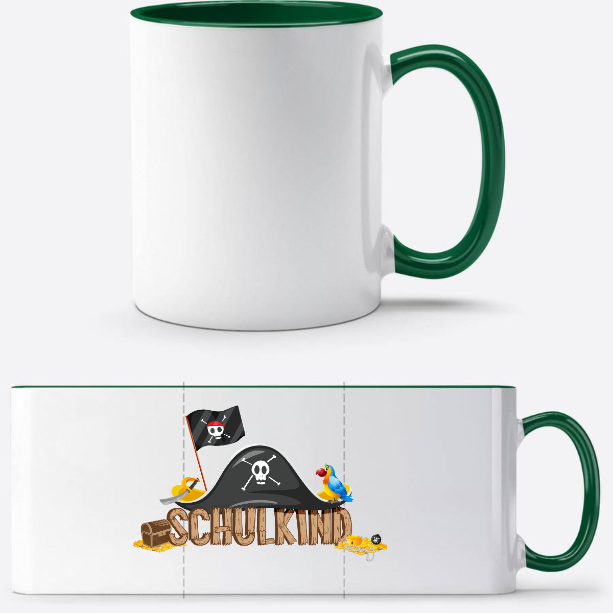Schulkind Piraten Tasse mit Name – Geschenk zur Einschulung - Weiß/Dunkelgrün