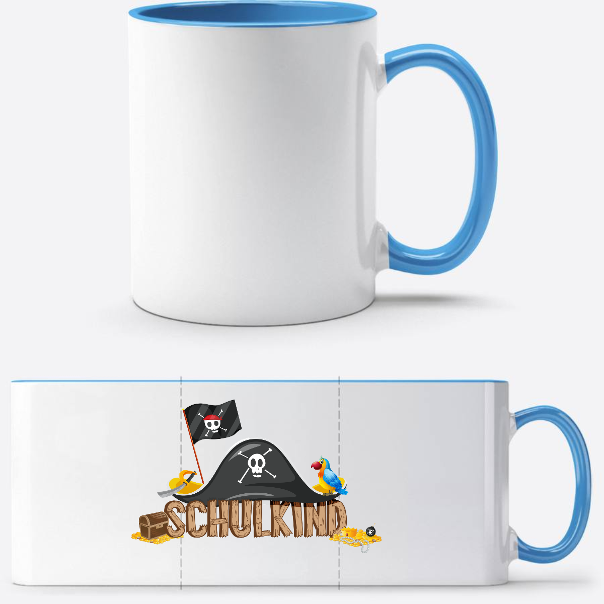 Schulkind Piraten Tasse mit Name – Geschenk zur Einschulung - Weiß/Hellblau