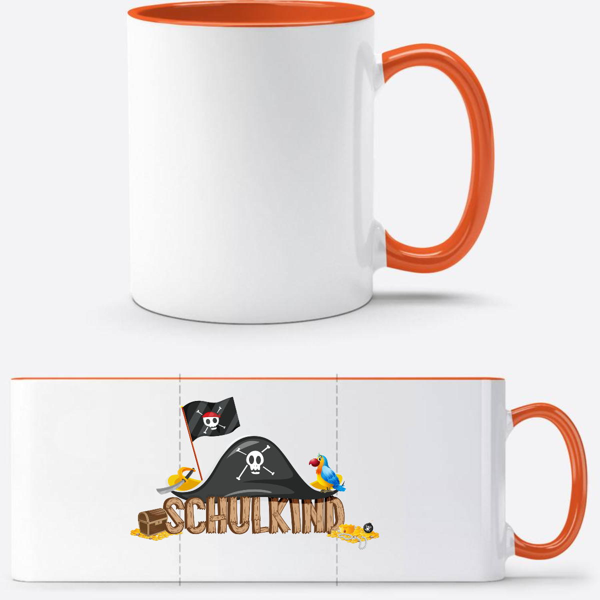 Schulkind Piraten Tasse mit Name – Geschenk zur Einschulung - Weiß/Orange
