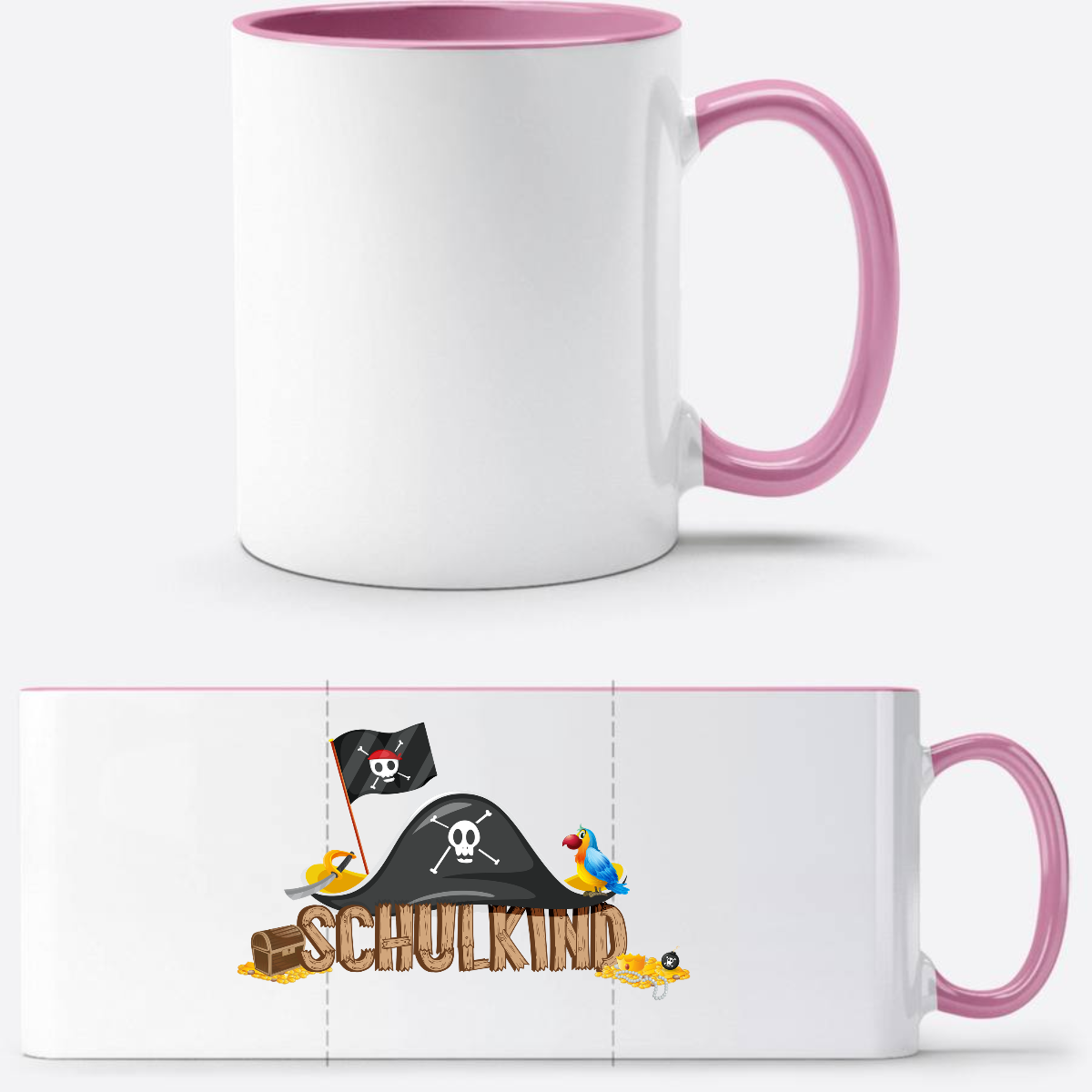 Schulkind Piraten Tasse mit Name – Geschenk zur Einschulung - Weiss/Rosa