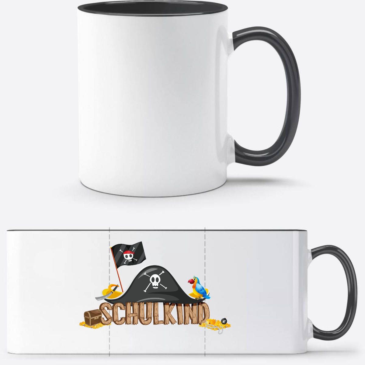 Schulkind Piraten Tasse mit Name – Geschenk zur Einschulung - Weiß/Schwarz