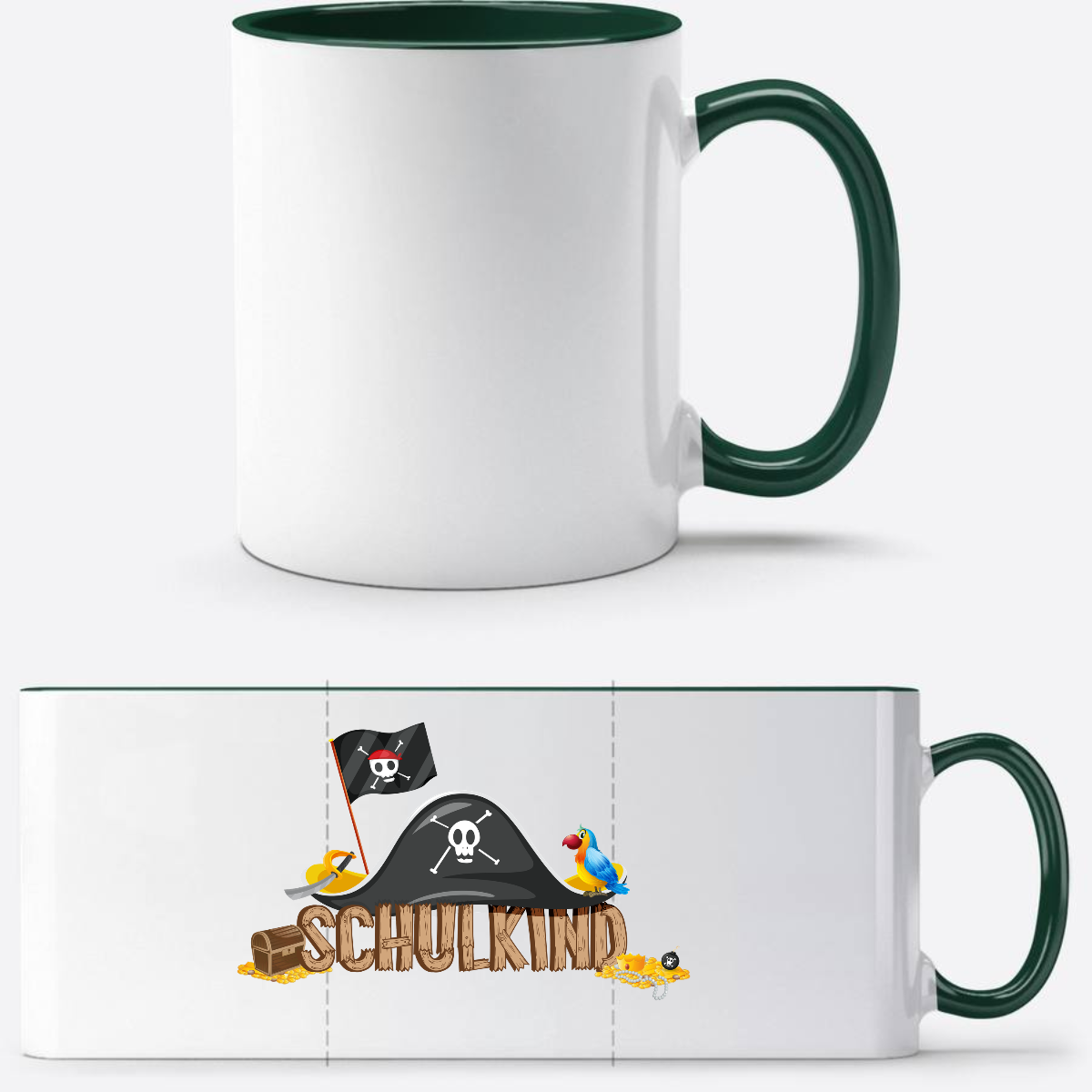 Schulkind Piraten Tasse mit Name – Geschenk zur Einschulung - White/Petrol