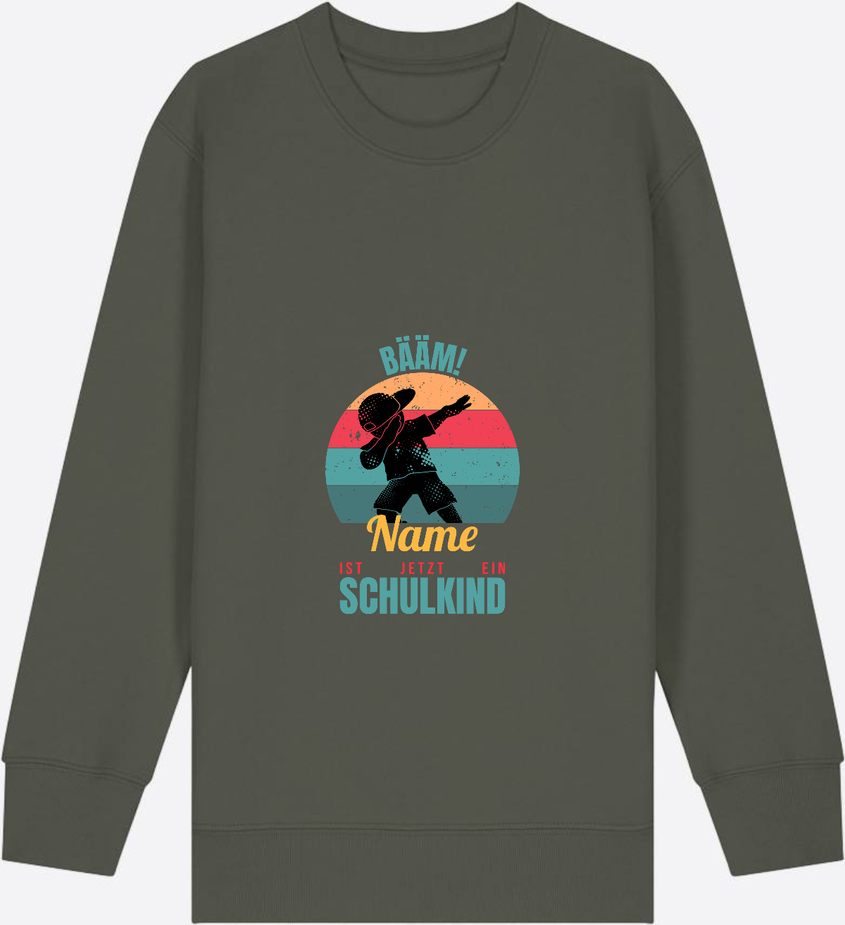 Schulkind Sweatshirt BÄÄM mit Name – Einschulung Junge - Khaki Herzseite