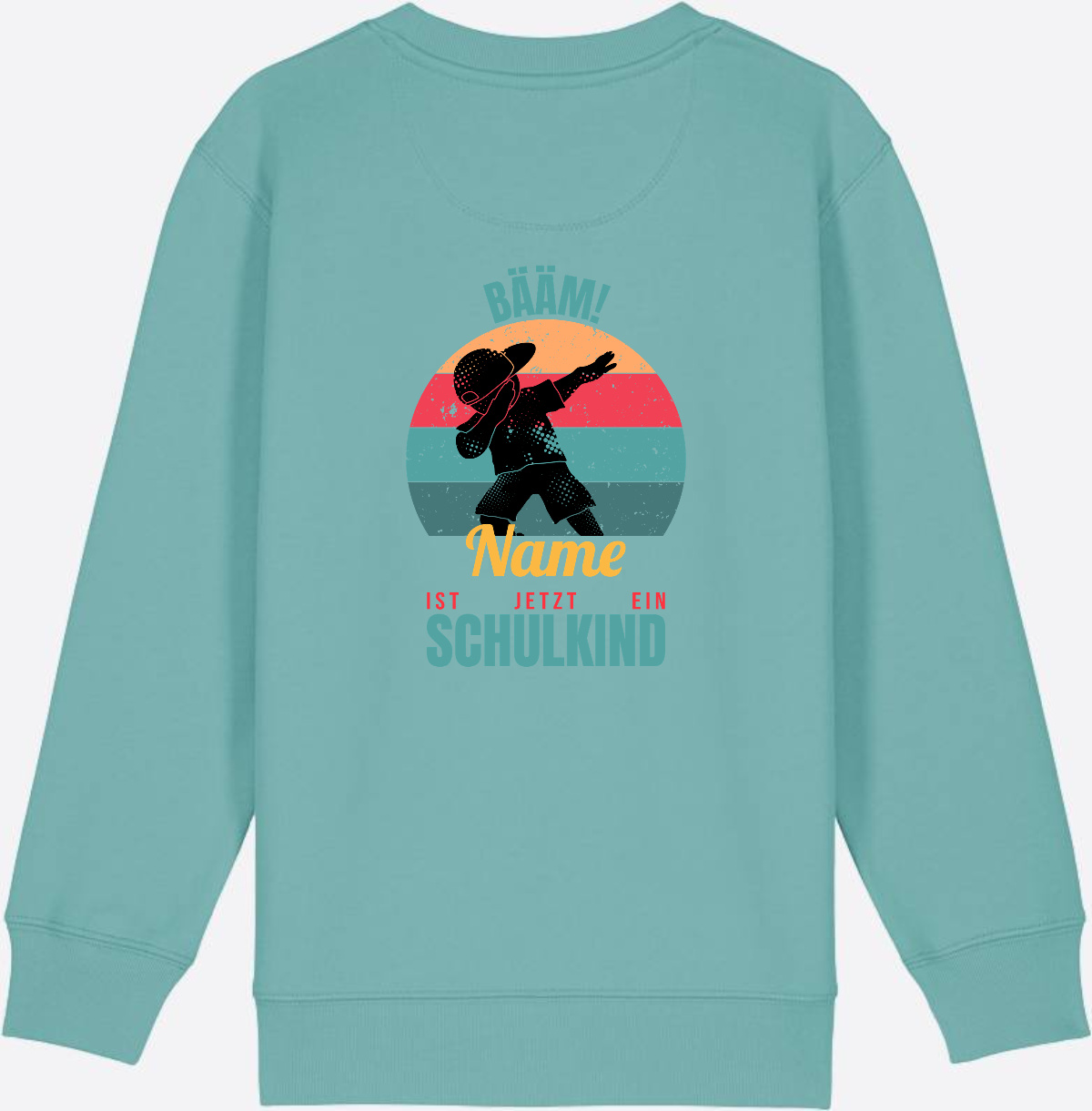 Schulkind Sweatshirt BÄÄM mit Name – Einschulung Junge - Teal Monstera