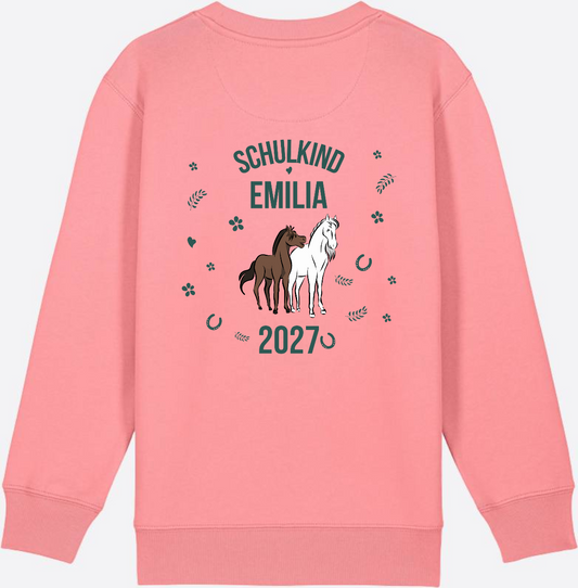 Schulkind Sweatshirt mit Pferden & Name – Geschenk Einschulung - Pink Joy